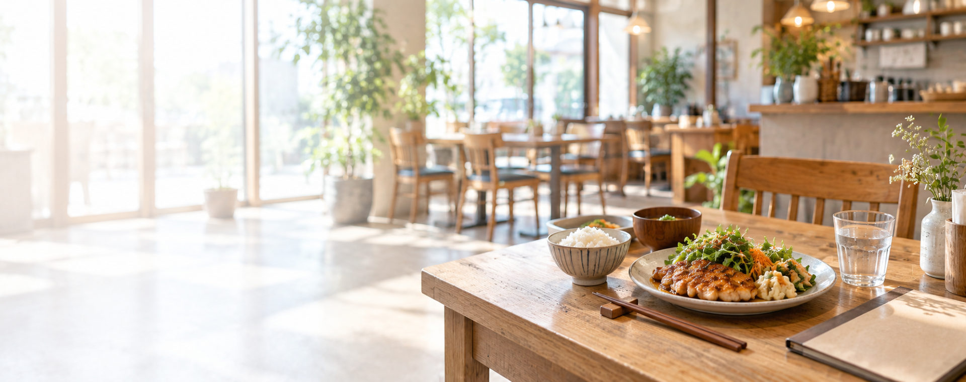 明るい飲食店の店内。手前の木のテーブルに定食の料理、ご飯、汁物、水の入ったグラス、メニューが置かれ、奥に大きな窓と観葉植物、客席が並んでいる