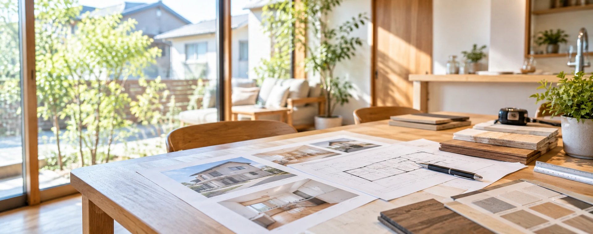 リフォーム会社の打ち合わせテーブル。住宅の写真と間取り図、木材とクロスのサンプル、メジャーとペンが並び、窓の外に庭と住宅が見える